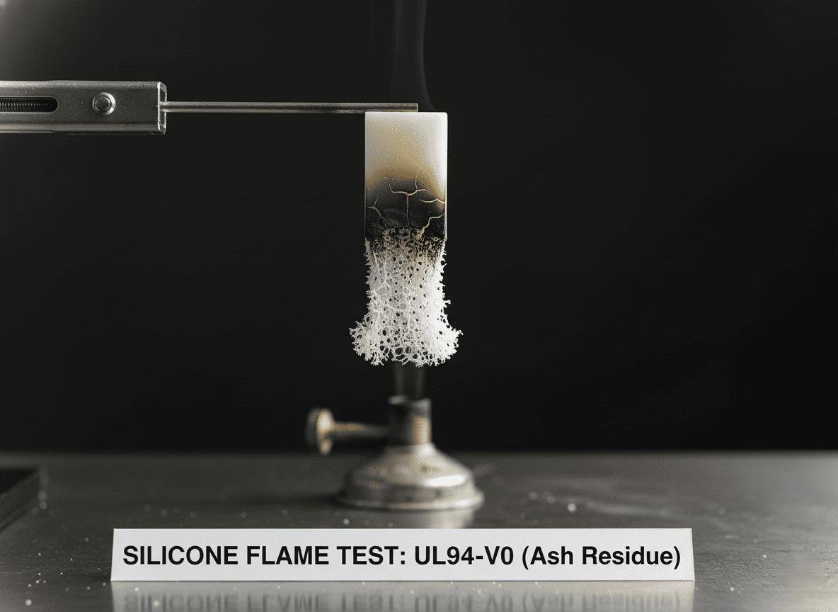 A silicone sample after a flame test, showing ash formation