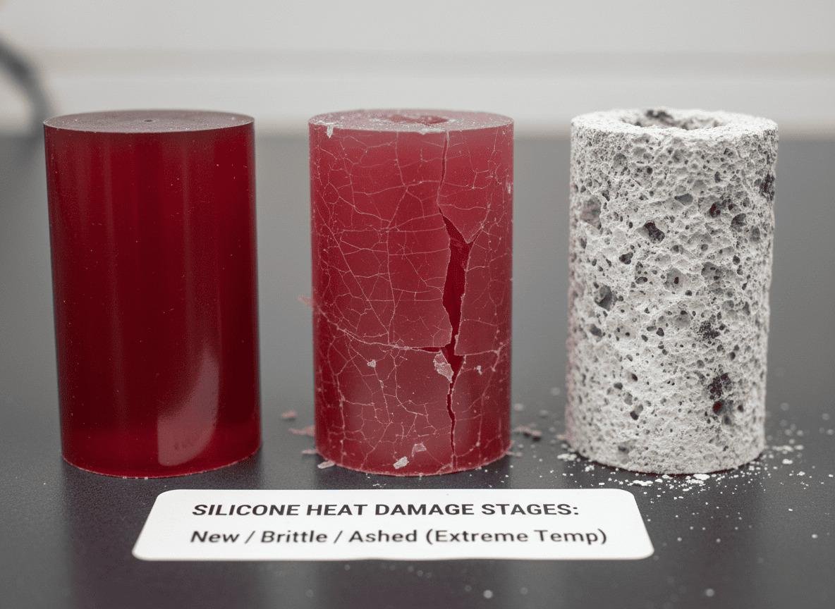 Side-by-side comparison of new, brittle, and ashed silicone