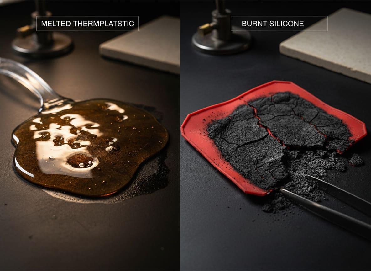 comparison of melted plastic and burnt silicone