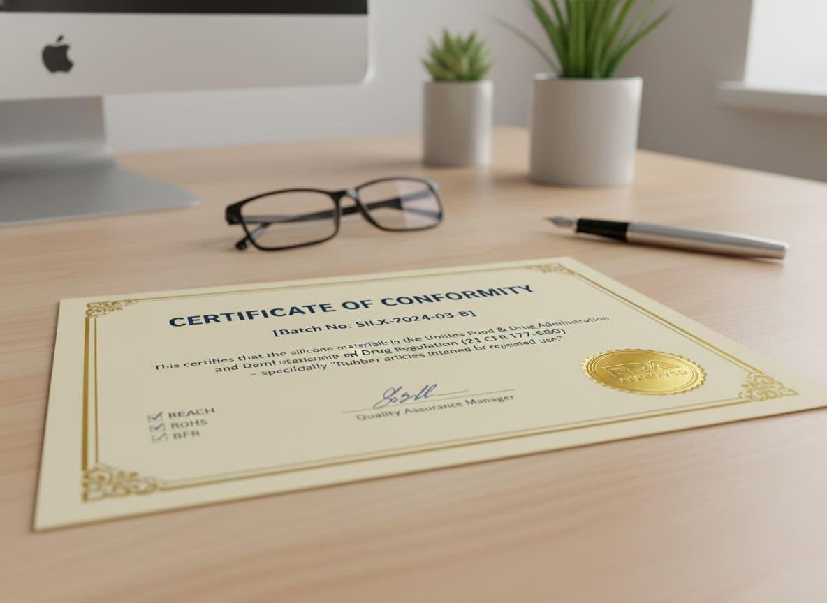 A close-up of a certificate of compliance for FDA-approved silicone