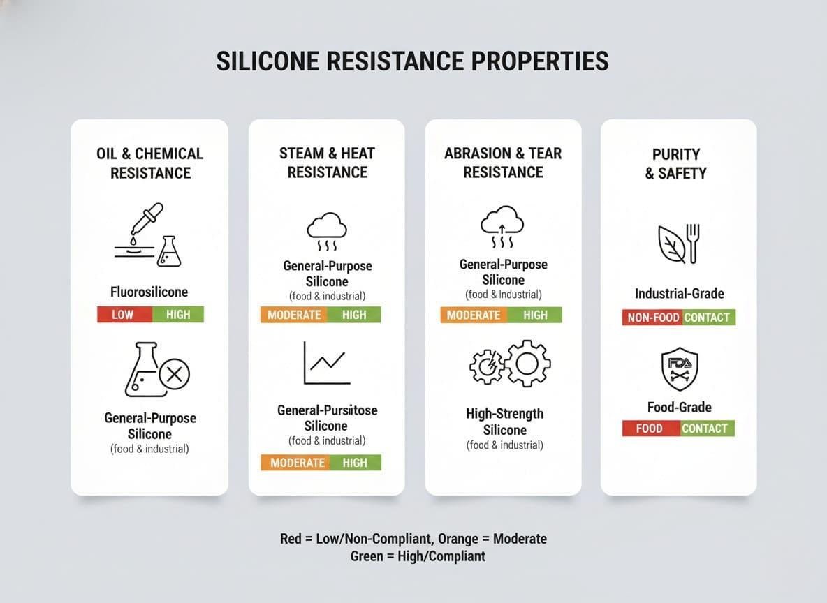 An infographic showing different resistance properties like oil, steam, and abrasion for various silicone types